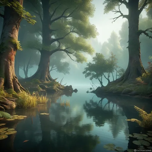 Prompt: Mysterious forest by a lake, unreal engine, high quality, misty atmosphere, enchanting lighting, dense foliage, tranquil lake reflections, ancient trees, surreal ambiance, ethereal color palette, detailed textures, realistic water effects, mysterious, magical, forest, lake, misty, unreal engine, high quality, enchanting lighting, surreal ambiance, detailed textures, tranquil reflections