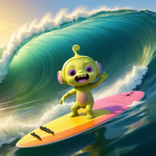 Prompt: Fantasy illustration of a cute teletubbie-style alien creature riding a surfboard on a large ocean wave in Malibu, vibrant and colorful, high quality, fantasy, cute creature, surfboard, ocean wave, Malibu, vibrant colors, dynamic pose, detailed illustration, fantasy style, cheerful atmosphere, sunny day, whimsical, magical lighting