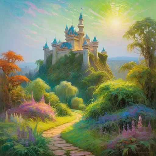 Prompt: Enchanting fantasy landscape painting with vibrant brushstrokes, lush greenery, majestic castle in the background, fairytale ambiance, high quality, oil painting, fantasy, childe hassam style, vibrant colors, captivating scenery, dreamy atmosphere, soft lighting