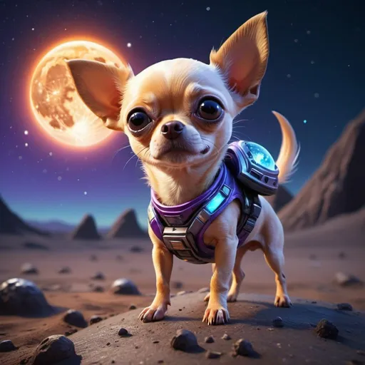 Prompt: ((best quality)), ((illustration)), ((masterpiece)), bright  colors, unreal engine, highres, cute alien creature on the surface of the moon, with tiny pet chihuahua dog, glowing blue orange and purple; meteor shower in background, highly detailed