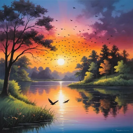 Prompt: Capture the breathtaking beauty of a sunset over a serene lake, fireflies in flight, with vibrant hues painting the sky and reflecting off the calm waters. Silhouettes of trees and birds add depth to the scene, evoking a sense of tranquility and wonder in the viewer's mind., Overdimensional, Rainbow,