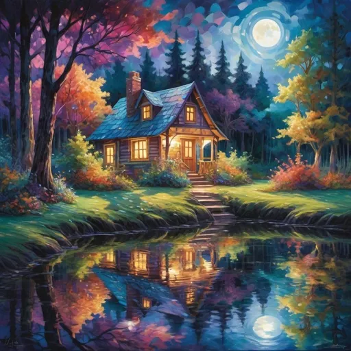 Prompt: magical cottage deep dark multicolor forest in moonlight, sitting along the waters of a serene pond shimmer with kaleidoscopic reflections of the changing sky above. Each ripple, a testament to the wind's whisper, reshapes the radiant colors, embodying the transient nature of introspection. 