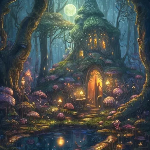 Prompt: Fantasy illustration of a magical forest, mysterious moon, cozy atmosphere, warm tones, high quality, enchanting lighting, frog in a pond, detailed foliage, mystical ambiance, peaceful setting, professional, fantasy, magical, cozy, detailed frog, forest setting, warm tones, enchanting lighting