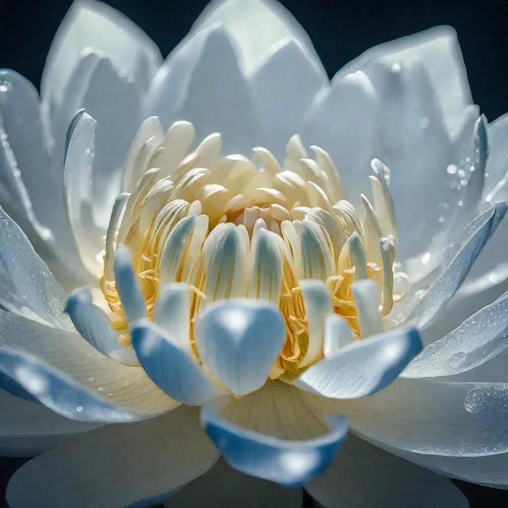 Prompt: Fluorescent white lotus on clear lake, moonlit night, beautiful hilly view, Miki Asai Macro photography, close-up, hyper detailed, sharp focus, studio photo, intricate details, trending on artstation, highly detailed, by greg rutkowski, moonlit, tranquil, clear water, serene, night scenery, lotus flower, macro photography, detailed, moonlight reflections, hilly landscape, picturesque, highres, trending, fluorescent, white petals, intricate, professional, serene lighting