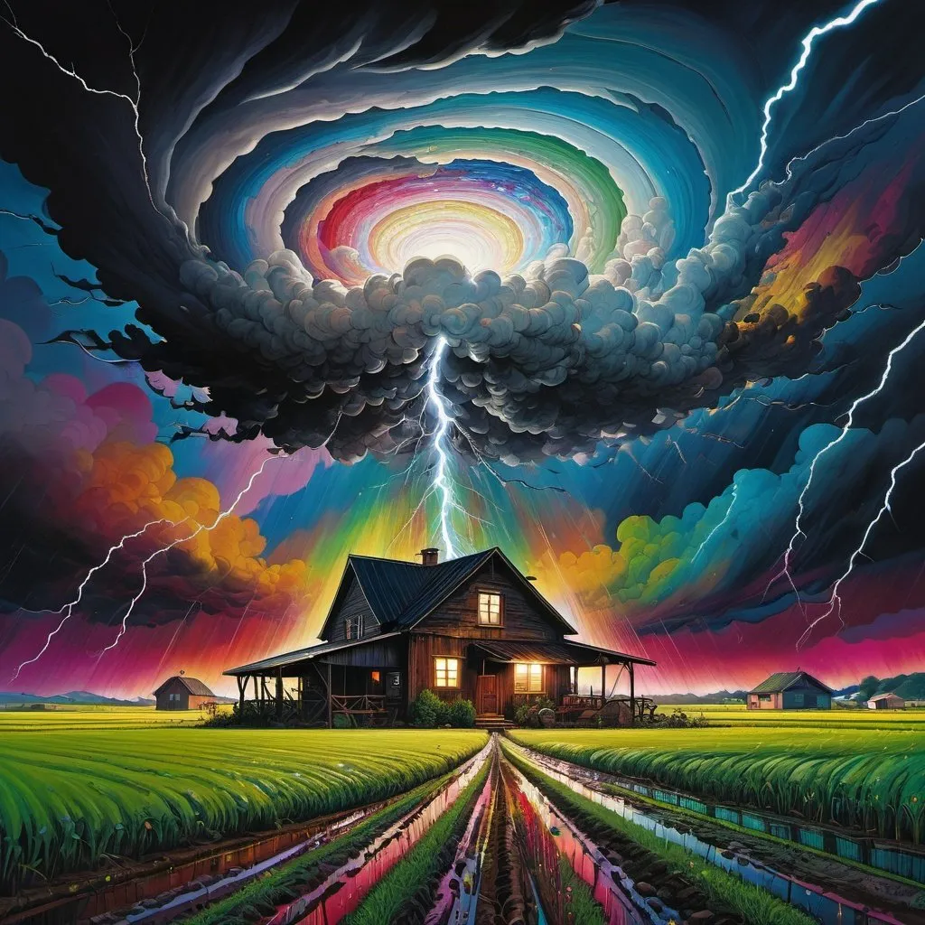 Prompt: Psychedelic contemporary artwork in the style of  Takashi Murakami close up view of farmhouse being hit with tornado in the middle of a farmer's field in a tremendous thunderstorm at night, lightning, centered, painted, symmetry, intricate, volumetric lighting,astrophotography, rich deep colors, ultra detailed, sharp focus, beautiful masterpiece, psychedelic, contemporary, transformation, symmetry, intricate details