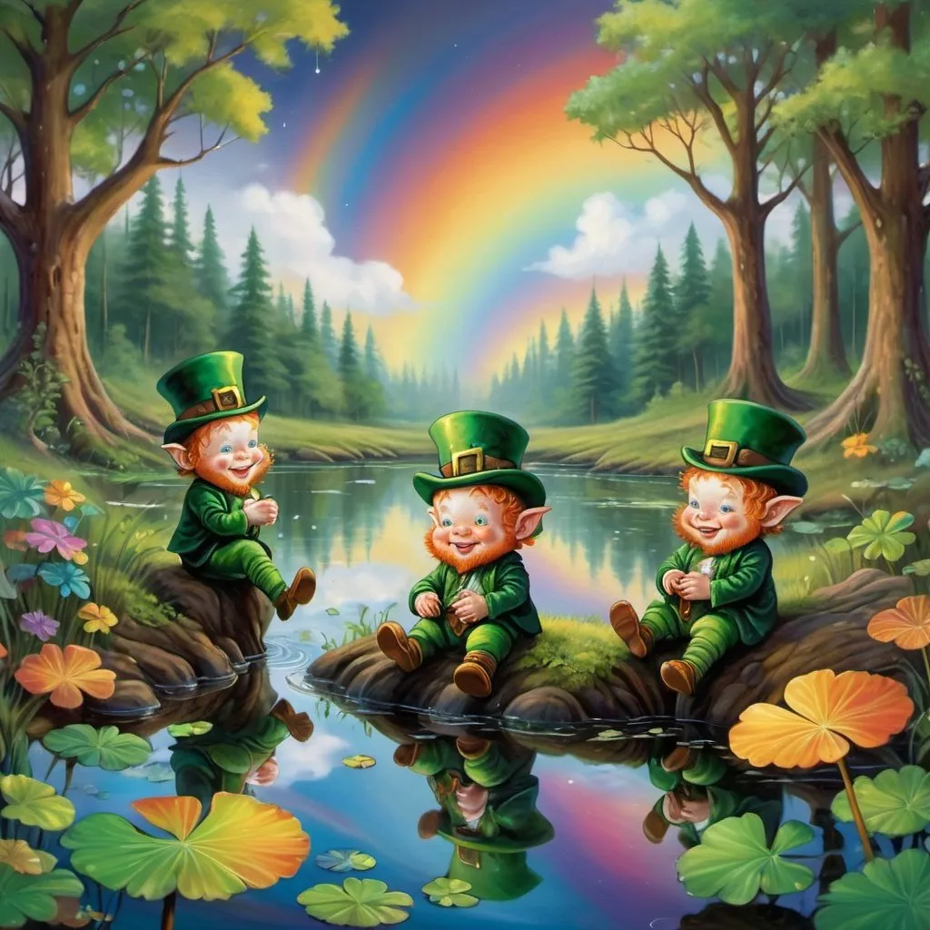 Prompt: cute baby leprechaun characters in deep dark multicolor forest, playing  along the waters of a serene pond shimmer with kaleidoscopic reflections of the changing sky above. Each ripple, a testament to the wind's whisper, reshapes the radiant colors, embodying the transient nature of introspection. 