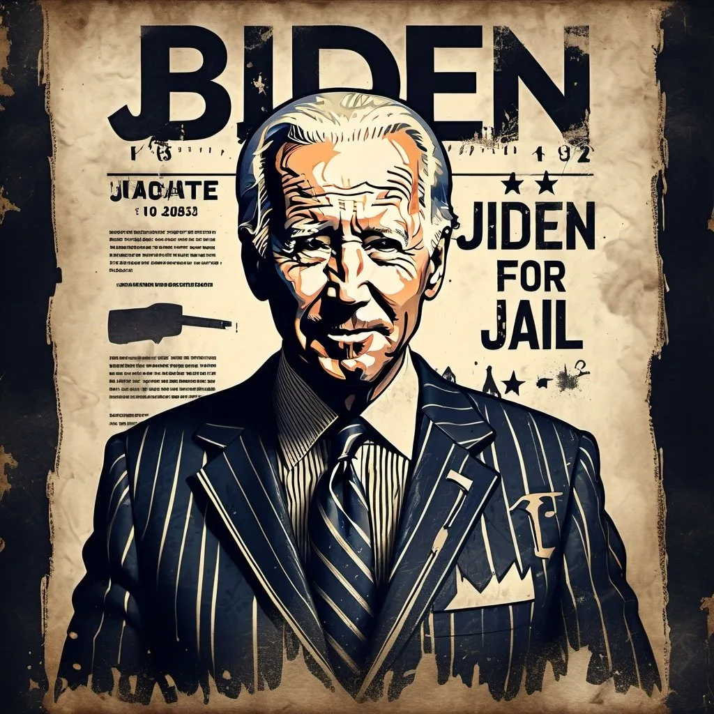 Prompt: hippie dark grunge style, 'Biden for Jail' poster, jail striped outfit, dark expression, smoking a joint, evil intent, gritty texture, beard growth, distressed design, bold typography, dark and ominous color palette, decaying visuals, aged paper effect, high contrast, gritty details, professional, highres, dark and ominous, distressed design, bold typography