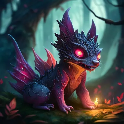 Prompt:  small multicolored creature with eerie pink glowing eyes, lurking in thick wooded stand of trees beside a tiny fantasy fairy cottage with firelight glowing in windows, muted moonlight, deep forest, high quality, dark and eerie, detailed eyes, atmospheric lighting