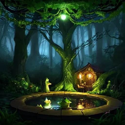 Prompt: Fantasy illustration of a magical forest, mysterious moon, cozy atmosphere, warm tones, high quality, enchanting lighting, frog in a pond, detailed foliage, mystical ambiance, peaceful setting, professional, fantasy, magical, cozy, detailed frog, forest setting, warm tones, enchanting lighting
