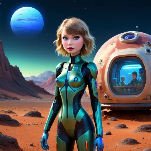Prompt: Taylor Swift as a Martian standing in front of small dwelling on Mars, blue moonlight, detailed facial features, futuristic sci-fi illustration, vibrant colors, imaginative, highres, ultra-detailed, alien, LGBTQ+, unique design, atmospheric lighting, otherworldly, futuristic fashion, cosmic landscape