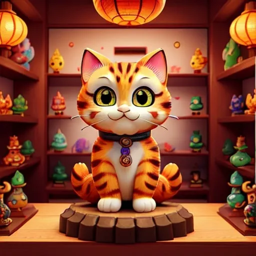 Prompt: view inside Japanese trinket shop downtown Tokyo, display of lucky cat statues and other trinkets, various sizes, vibrant colors, detailed textures, high-quality, traditional, bright and warm tones, cozy lighting, detailed craftsmanship, detailed eyes, multiple sizes, lucky cat statues, trinket shop, traditional, vibrant colors, detailed textures, cozy lighting
