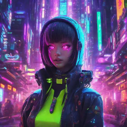 Prompt: Cyber city, aliens with glowing neon accents, futuristic city backdrop, vibrant and colorful, high-tech collar, detailed eyes, anime, misc-kawaii, cyberpunk, neon colors, futuristic, cute, highres, vibrant lighting