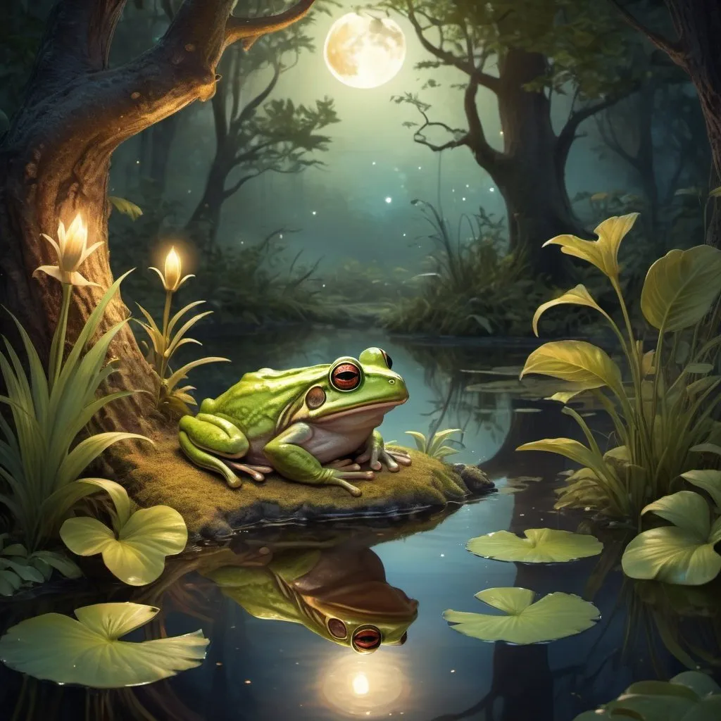 Prompt: Fantasy illustration of a magical forest, mysterious moon, cozy atmosphere, warm tones, high quality, enchanting lighting, frog in a pond, detailed foliage, mystical ambiance, peaceful setting, professional, fantasy, magical, cozy, detailed frog, forest setting, warm tones, enchanting lighting