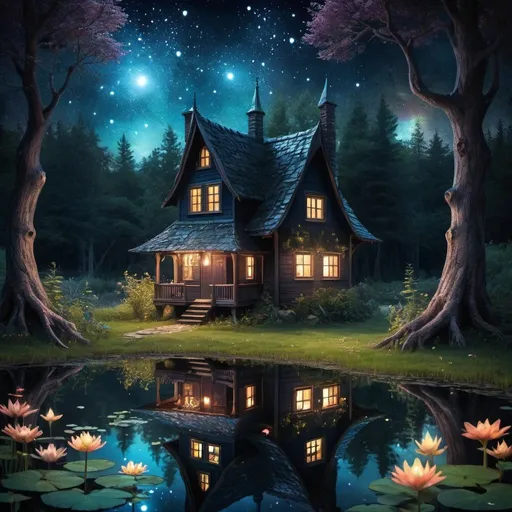 Prompt: small dark mysterious house along waters of a serene pond shimmer with kaleidoscopic reflections of the changing  dark night sky above. Small fairies and lepredhauns lurking in the surrounding deep woods with several dancing around the reflective pond