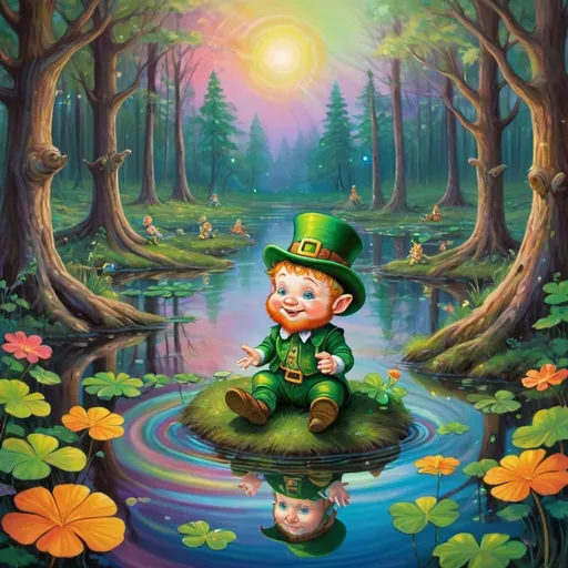 Prompt: cute baby leprechaun characters in deep dark multicolor forest, playing  along the waters of a serene pond shimmer with kaleidoscopic reflections of the changing sky above. Each ripple, a testament to the wind's whisper, reshapes the radiant colors, embodying the transient nature of introspection. 