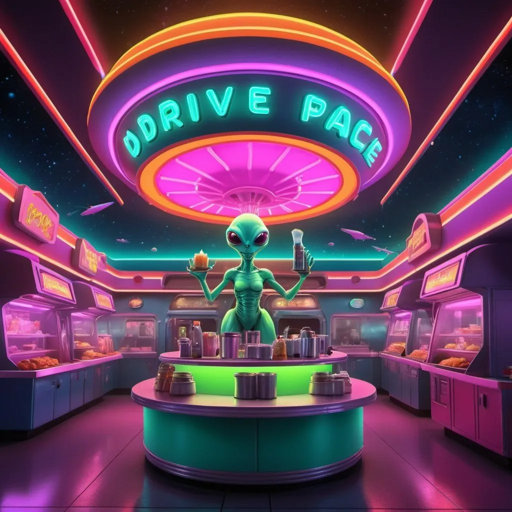 Outer Space Drive In Movie Theater With Cute Neon Co