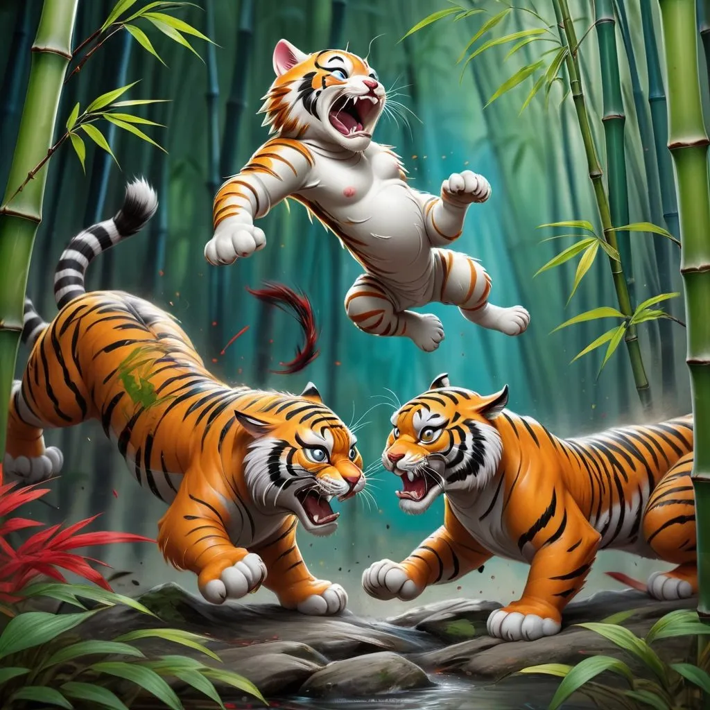 Prompt: small Colorful kung fu baby kitten fighting a large tiger in a bamboo forest, traditional chinese colorful painting, intense battle scene, high action and detail, monochrome, dynamic ink strokes, bamboo leaves swirling, fierce tiger, martial arts stance, high contrast, detailed fur, intense battle, black and white, traditional, energetic strokes, highres, action-packed, dynamic, intense