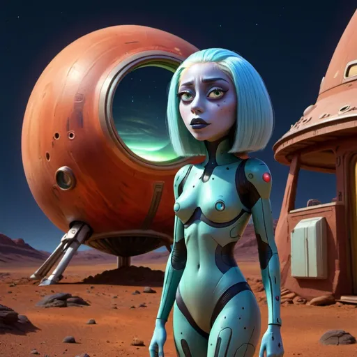 Prompt: Lady Gaga as Martian standing in front of small dwelling on Mars, blue moonlight, detailed facial features, futuristic sci-fi illustration, vibrant colors, imaginative, highres, ultra-detailed, alien, LGBTQ+, unique design, atmospheric lighting, otherworldly, futuristic fashion, cosmic landscape
