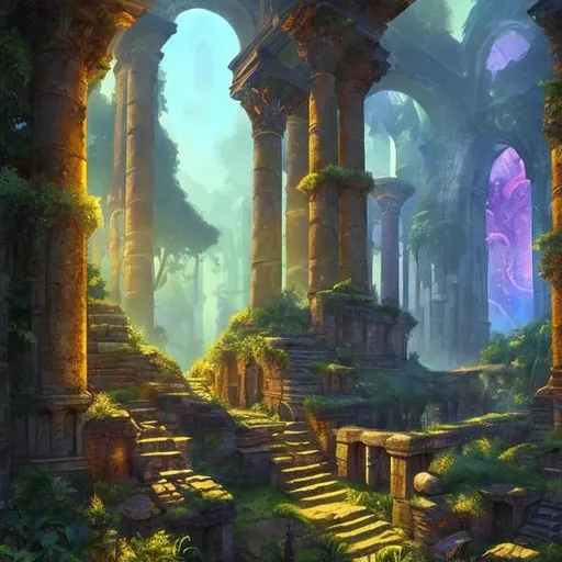 Prompt: Science-based fantasy adventure illustration, path to well being, lush greenery, magical energy, ancient ruins, mysterious artifacts, high quality, detailed, fantasy, adventure, vibrant colors, mystical lighting