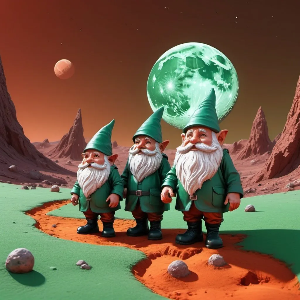 Prompt: Gnome family walking on the green surface of the red moon, realistic digital art, lunar landscape with orange Earth in the sky, detailed lunar terrain, highres, realistic style, green moon surface, gnome character design, futuristic space setting, mysterious atmosphere, professional, realistic lighting, detailed moon rocks, surreal, high quality