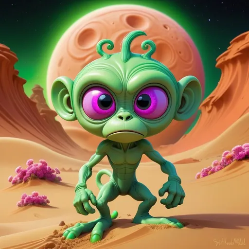 Prompt: violent bright Moon storm , green space monkey aliens cartoon creatures , sand storm action on the sand waves on Mars, vibrant colors, playful demeanor, alien flowered landscape, otherworldly plants, best quality, high resolution, vibrant, cartoon, cute, whimsical, otherworldly, playful, expressive eyes, alien landscape, vibrant colors, professional