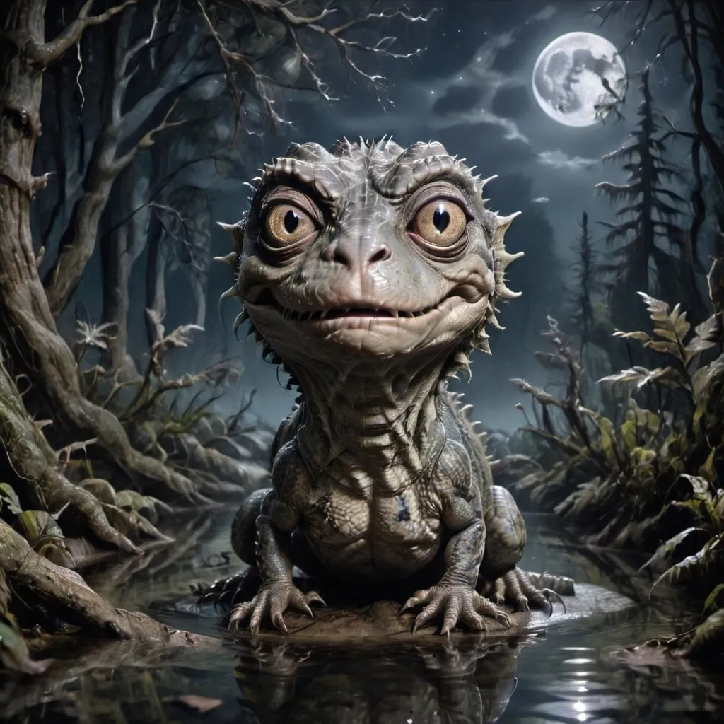 Prompt: Moonlit forest scene with eerie lizard creature, detailed water ripples, highres, detailed scales, atmospheric lighting, moonlit, stars reflecting, deep forest, mysterious ambiance, night scene, dark and mysterious, detailed eyes, detailed fur, professional, eerie, high-quality