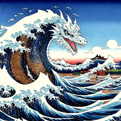 Prompt: (kuraokami white dragon), kanagawa wave, blue sky, traditional Japanese art style, intricate details, dragon scales shimmering, dramatic wave movement, subtle water reflections, serene clouds, vibrant blue tones, harmonious composition, cultural essence, delicate brush strokes, high depth, cinematic masterpiece, ultra-detailed, 4K, immersive atmosphere, tranquil yet powerful, inspired by classic ukiyo-e aesthetics, breathtaking landscape, sense of awe and wonder