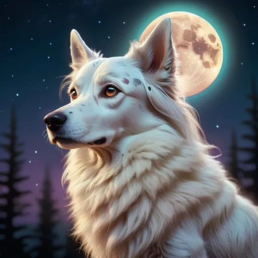 Prompt: Detailed moonlit illustration of a mystical dog, ethereal and glowing, night sky with moon in background, iridescent fur with subtle lunar reflections, serene and otherworldly gaze, high-quality rendering, digital art, cool tones, atmospheric lighting, mystical, ethereal, moonlit, detailed fur, serene, high quality