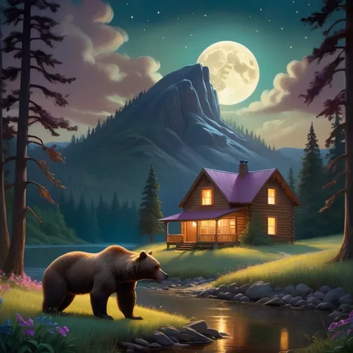Prompt: Mountain with cabin in stand of tress with big brown bear looking in the windown, in the style of edward hopper, magical creatures, fireflies, moonlit flowers, highres, fantasy, ethereal lighting, detailed nature, mystical, moonlit river, enchanting atmosphere, glowing flora, serene, dreamlike, fantasy creatures, moonlit scene, magical beings, surreal, whimsical, illuminated hill, mystical setting, moonlit landscape, fairytale, vibrant colors, soft moonlight, illustration, photograph