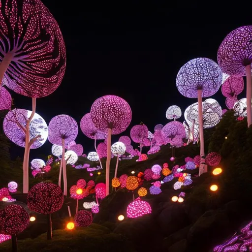 Prompt: Mountasin hillside with flowering trees beside glowing river, in the style of Yayoi Kusama, moonlit flowers, highres, fantasy, ethereal lighting, detailed nature, mystical, moonlit river, enchanting atmosphere, glowing flora, serene, dreamlike, fantasy creatures, moonlit scene, magical beings, surreal, whimsical, illuminated hill, mystical setting, moonlit landscape, fairytale, vibrant colors, soft moonlight, i