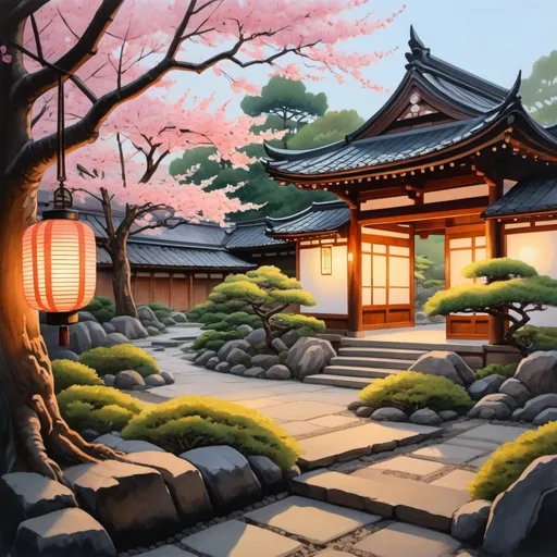 Prompt: Gouache painting of a tranquil Japanese garden at dusk, sakura trees in full bloom, soft glowing lanterns, traditional wooden architecture, detailed garden elements, high quality, gouache painting, Japanese garden, sakura trees, glowing lamps, tranquil, traditional architecture, soft lighting, detailed garden, dusk setting, serene atmosphere