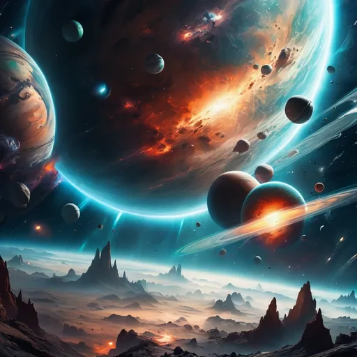 Prompt: Planetary space scene with epic cinematic brilliance, stunning intricate details, maximalist digital gauche painting, dramatic atmosphere, high quality, brilliant colors, intricate details, maximalist, cinematic, planetary space, digital painting, dramatic atmosphere, atmospheric lighting