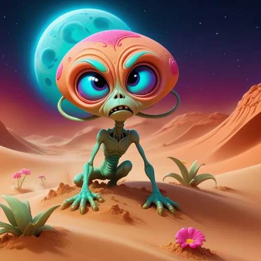 Prompt: violent bright Moon storm , cartoon style, sand storm action on the sand waves on Mars, vibrant colors, playful demeanor, alien flowered landscape, otherworldly plants, best quality, high resolution, vibrant, cartoon, cute, whimsical, otherworldly, playful, expressive eyes, alien landscape, vibrant colors, professional