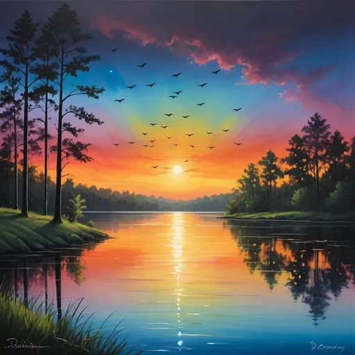 Prompt: Capture the breathtaking beauty of a sunset over a serene lake, fireflies in flight, with vibrant hues painting the sky and reflecting off the calm waters. Silhouettes of trees add depth to the scene, evoking a sense of tranquility and wonder in the viewer's mind., Overdimensional, Rainbow,