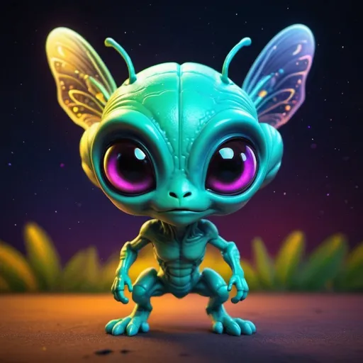 Prompt: Chibi alien firefly hybrid with vibrant colors, highly detailed background, ultra-detailed, colorful, cute, hybrid creature, alien, firefly, detailed, vibrant, chibi, background, professional, atmospheric lighting