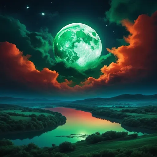 Prompt: (rising green moon), celestial beauty, ethereal glow, serene landscape, dramatic night sky, contrasts of dark and mysterious night colors, blues, vibrant orange and red tones, high detail, captivating atmosphere, tranquil, dreamy ambiance, intricate cloud patterns, ultra-detailed, 8K quality, mystical aesthetics, enchanting visual appeal.