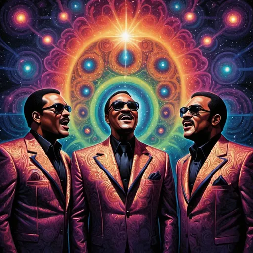 Prompt: Psychedelic contemporary artwork of the Four Tops retro singing group, Nicole Wharton's transformation, centered, painted, symmetry, intricate, volumetric lighting, dan mumford, marc simonetti style, astrophotography, rich deep colors, ultra detailed, sharp focus, beautiful masterpiece, psychedelic, contemporary, transformation, symmetry, intricate details, volumetric lighting, dan mumford style, marc simonetti, astrophotography, deep colors, ultra detailed, sharp focus
