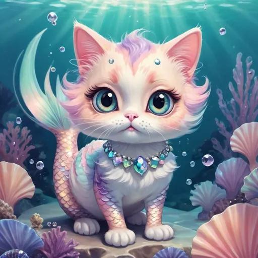 Prompt: Kawaii mermaid calico cat, pastel-colored scales, fluffy tail, bling, big expressive eyes, whimsical underwater scene, high quality, digital painting, cute, pastel colors, dreamy lighting