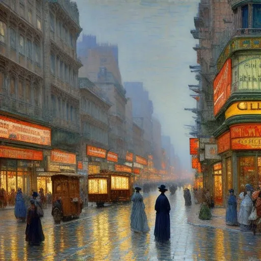 Prompt: Childe Hassam style painting of a bustling city street, vibrant colors, mixes of blues and greens, art nouveau style, lively street scene, detailed architecture, impressionism, high quality, atmospheric lighting, bustling atmosphere, vibrant colors, detailed architecture, bustling street