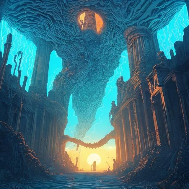 Prompt: 24 bits dream core 70s art style infinite sand and water and walls of water and fire that lead high into the sky and ruins and huge bones that are worked into the ruins that attach to floating ruans that are connected with rope bridges and the whole thing is staticky as if were on a TV screen 