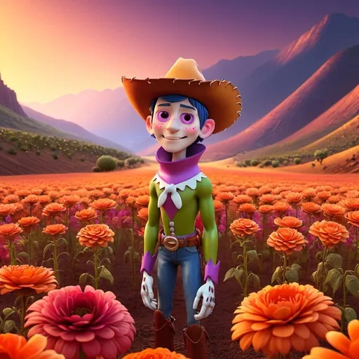 Prompt: Cowboy jester, surreal floral landscapes, high-tech cultivation, cybernetic workers, best quality, highres, ultra-detailed, futuristic, warm ambient lighting, aesthetics, ambient lighting, surreal, cybernetic, floral landscapes, cowboy jester, high-tech cultivation, detailed, warm tones