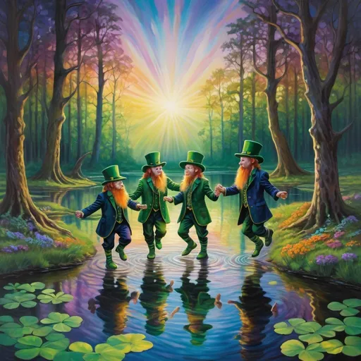 Prompt: gang of young leprechaun characters in deep dark multicolor forest,dancing a jig along the waters of a serene pond shimmer with kaleidoscopic reflections of the changing sky above. Each ripple, a testament to the wind's whisper, reshapes the radiant colors, embodying the transient nature of introspection. 