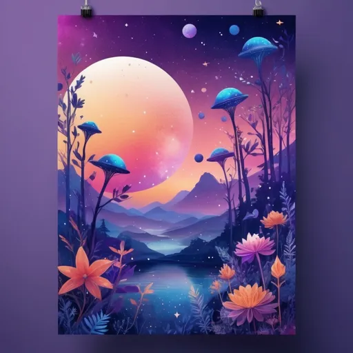 Prompt: (Celebratory poster design), enchanting cosmic fauna and flora, vibrant sunset background with rich blues and purples, whimsical details and sparkling stars, ethereal visuals blending nature and celebration, intricate textures, ultra-detailed, inviting ambiance, high-quality finish, perfect for a birthday celebration theme. Add a big alien plant