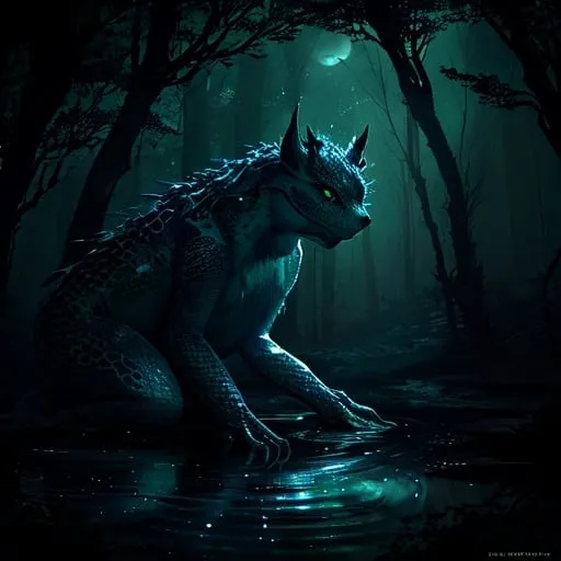 Prompt: Moonlit forest scene with eerie lizard creature, detailed water ripples, highres, detailed scales, atmospheric lighting, moonlit, stars reflecting, deep forest, mysterious ambiance, night scene, dark and mysterious, detailed eyes, detailed fur, professional, eerie, high-quality