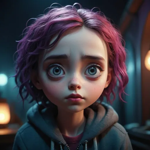Prompt: Fantastic cute character with big, melancholic eyes, vibrant 3D rendering, cinematic storytelling, Tim Burton style, set in a dark, moody environment, rich and vibrant colors, high-quality 8K resolution, storytelling, professional photography, sad and melancholic mood, detailed and atmospheric lighting