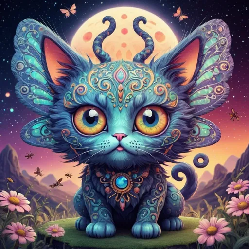 Prompt: Mean and evil fantasy cat-like creature, bohemian mystical landscape, flying magic insects, kawaii chibi, vibrant colors, intricate patterns, highres, mystical, whimsical, retro, celestial, detailed eyes, intricate patterns, high-quality image, bohemian style, eerie lighting