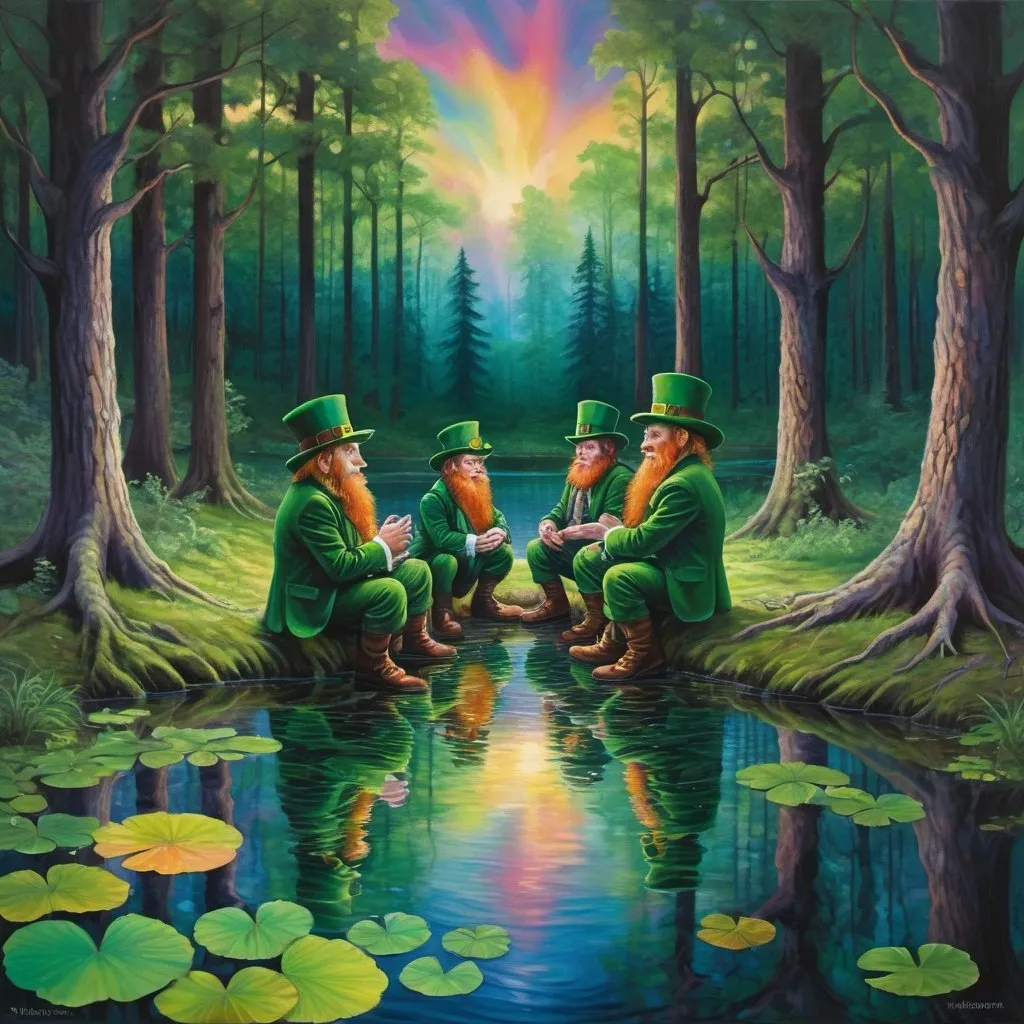 Prompt: gang of leprechaun characters in deep dark multicolor forest,Amidst a quiet forest glade, the waters of a serene pond shimmer with kaleidoscopic reflections of the changing sky above. Each ripple, a testament to the wind's whisper, reshapes the radiant colors, embodying the transient nature of introspection. 