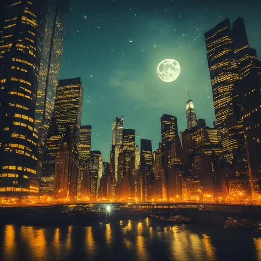 Prompt: NY City skyline at night with moonlit river, colorful,  enchanting atmosphere, glowing flora, serene, dreamlike, fantasy, hi-res, fantasy
