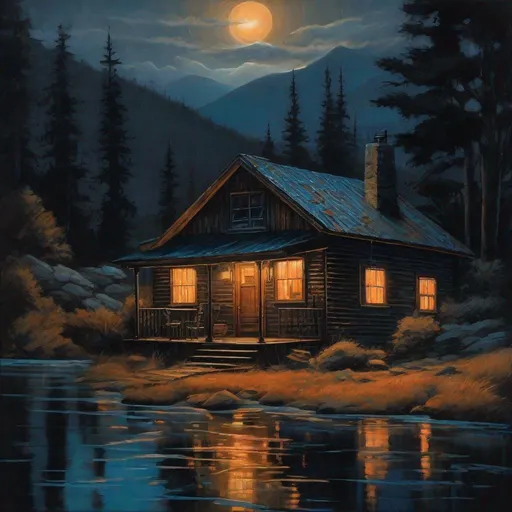 Prompt: A rain-soaked  mountainside cabin at night in a dark and eerie romantic vintage setting with aquatic elements, soft light glowing from windowns, capturing the mood of The Shape of Water, featuring navy blue with touches of muted orange., hyperrealism art by  Tim Doyle
