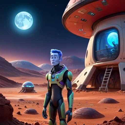 Prompt: Elon Musk as a Martian standing in front of small dwelling on Mars, blue moonlight, detailed facial features, futuristic sci-fi illustration, vibrant colors, imaginative, highres, ultra-detailed, alien, LGBTQ+, unique design, atmospheric lighting, otherworldly, futuristic fashion, cosmic landscape